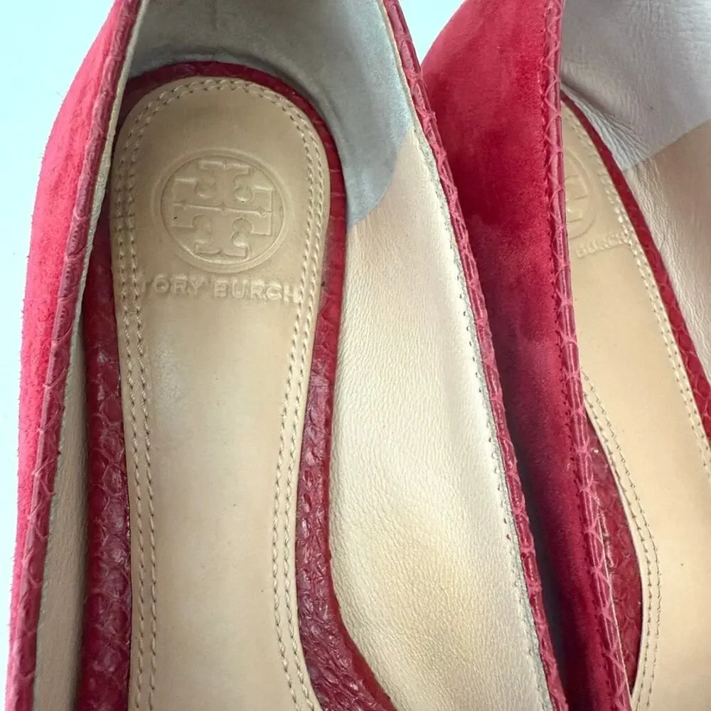Tory Burch Pointed Toe Flats Raspberry Suede Gold Heel Logo Balletcore 6.5M‎